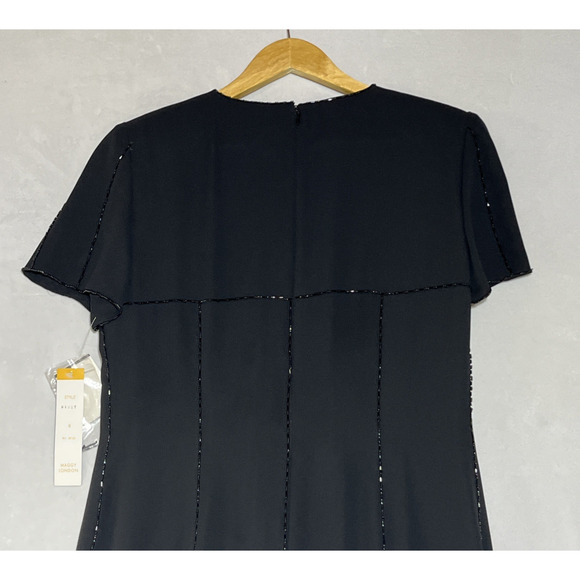 Maggy London Chiffon Sequin Dress 6 Black Midi Short Sleeve Classic Elegant - Picture 4 of 13